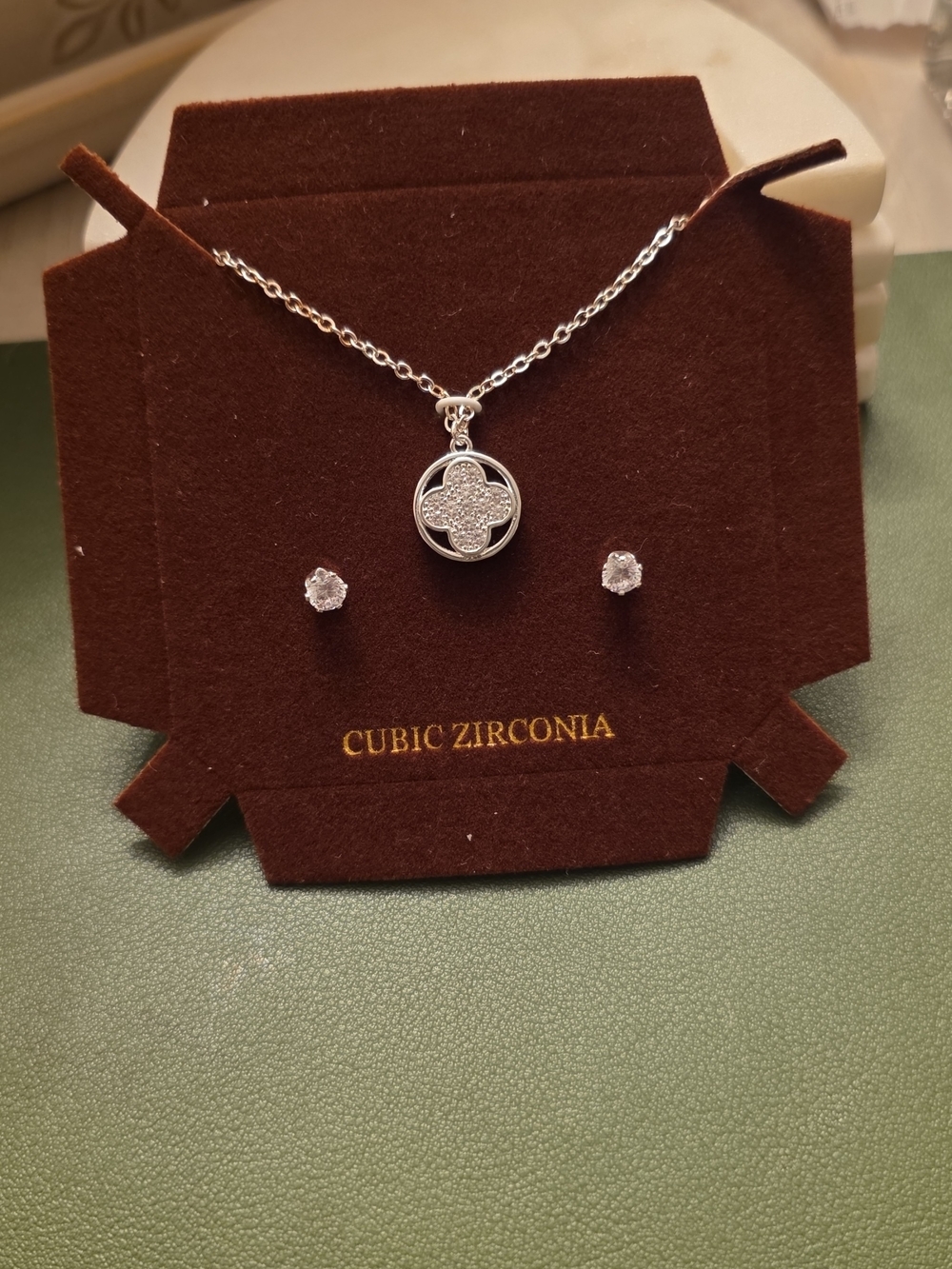 Cubic Zirconia Pendant Necklace & Earrings Clover Necklace Silver Plated